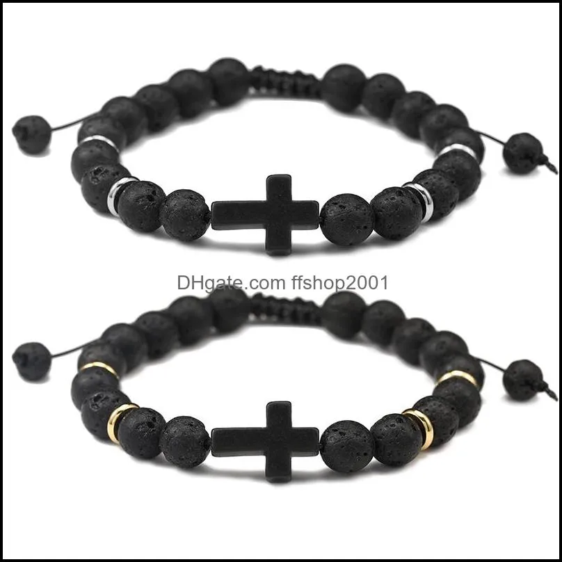 fashion mens natural stone bracelet cross charm bracelets black lava matte beaded bracelets handmade men women prayer fitness chain