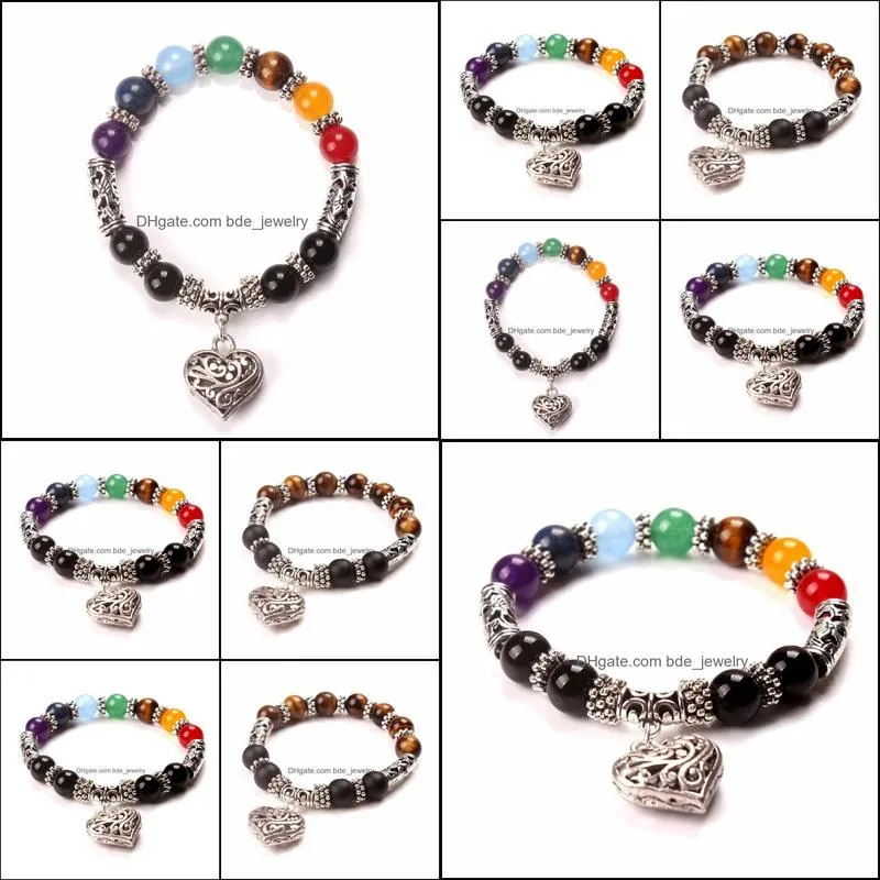 chakra bracelets men jewelry women 7 crystals stone chakra pray mala heart charm bracelet