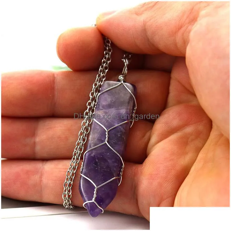 sword shape natural stone pendant wire wrapped silver metal net pocket sweater chain necklace healing reiki weave rope wholesale