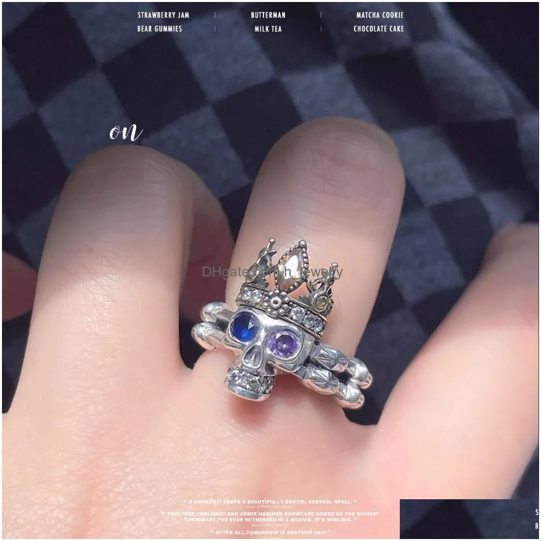 fashion jewelry copper silver plated king skull ring for women light luxury niche design blue purple zircon skulls rings
