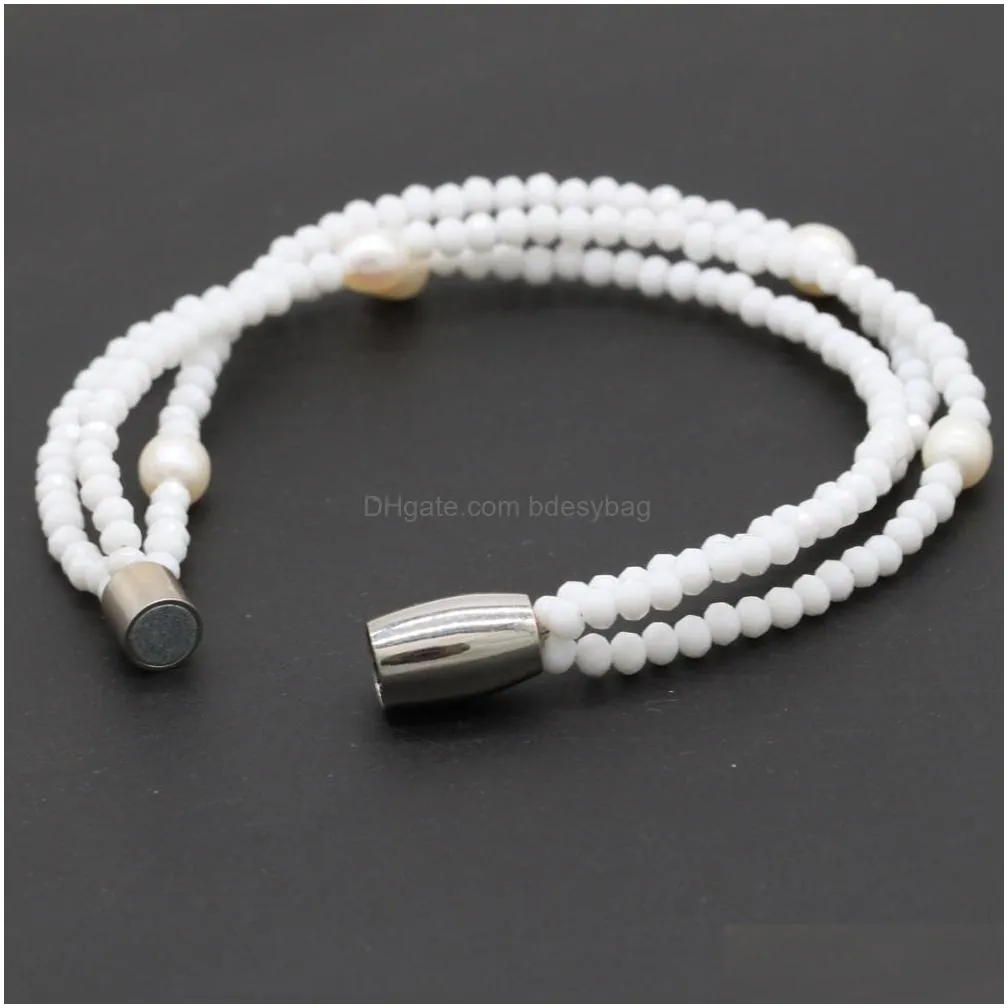 handmade crystal beads strand bracelet with freshwater cultured white pearl 3 layer mini bangle for women love wish gift