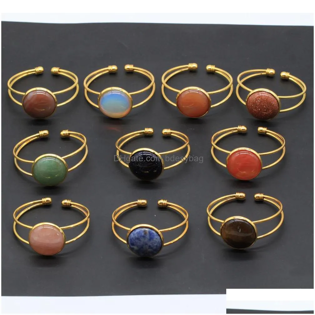 10pcs different handmade gemstone bangles round agate quazt stone opening silver gold copper bracelets for women jewelry love wish
