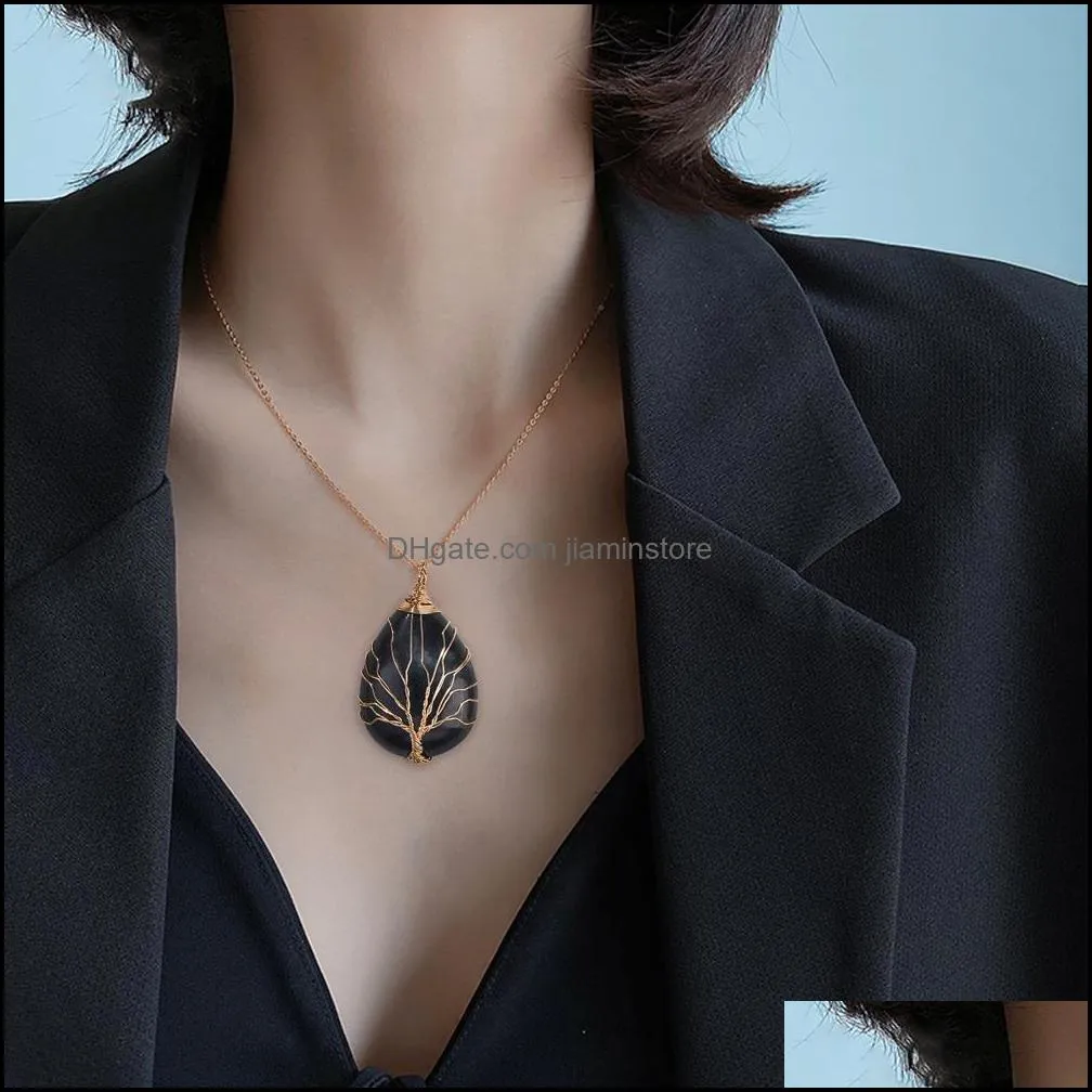 oval natural stone necklace pendant jewelry copper line wrapped tree of life necklaces for women charm jewelry