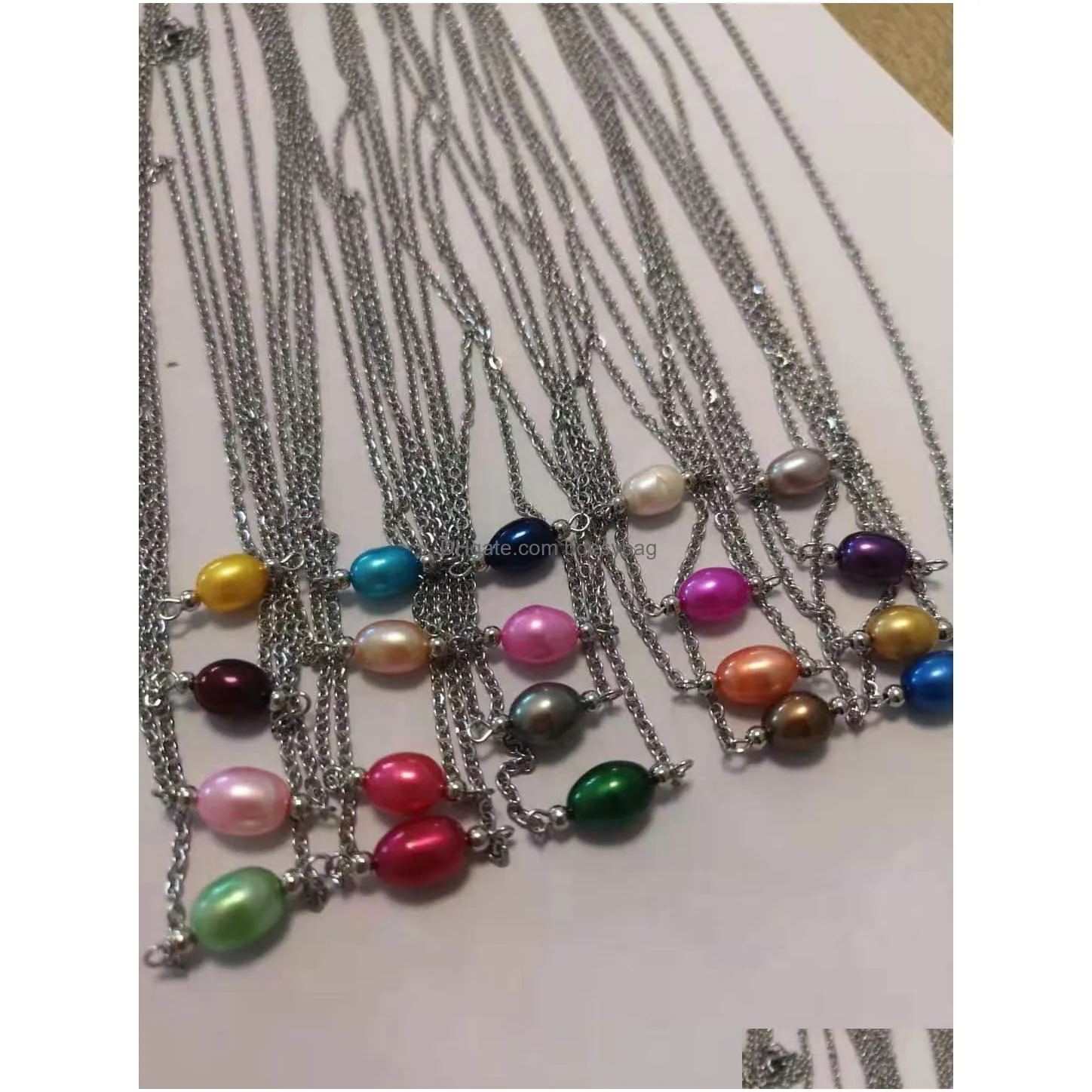 freshwater rice pearl pendant necklace bracelet sets 78mm dyed color oval single pearl mounted on silver plated chain necklace for