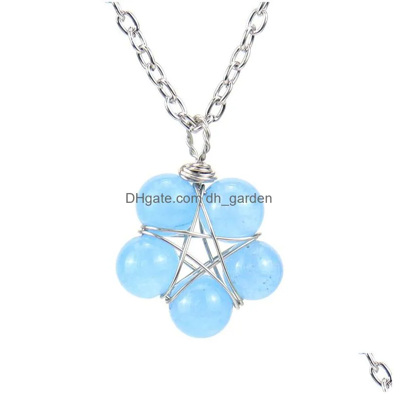 star flower shape 8mm stone ball pendant wire wrapped metal chain necklace healing reiki chakra jewelry wholesale