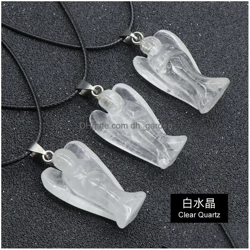 natural stone gem carved angel pendant rose quartz crystal jade onyx bead necklace healing guardian jewelry for women men rope chain