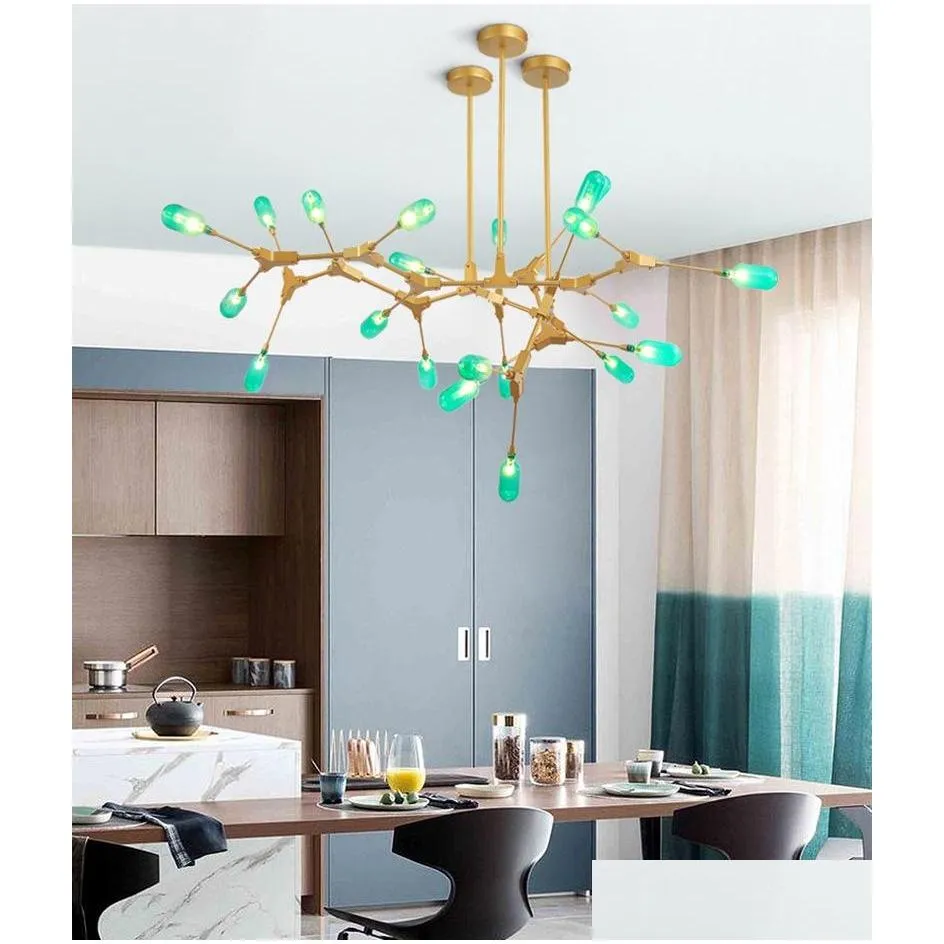 nordic living room dining room green glass molecule led chandelier lights modern branch iron art simple green glass pendant lamps