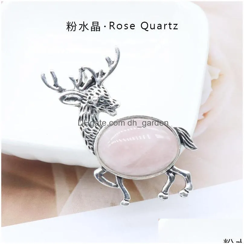 natural stone gem brooch elk deer pendant rose quartz crystal jade onyx bead necklace healing jewelry for women rope chain