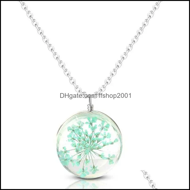 2021 dried flower necklace for women gifts fashion clear glass ball charms round pendant necklaces link chain cute jewelry