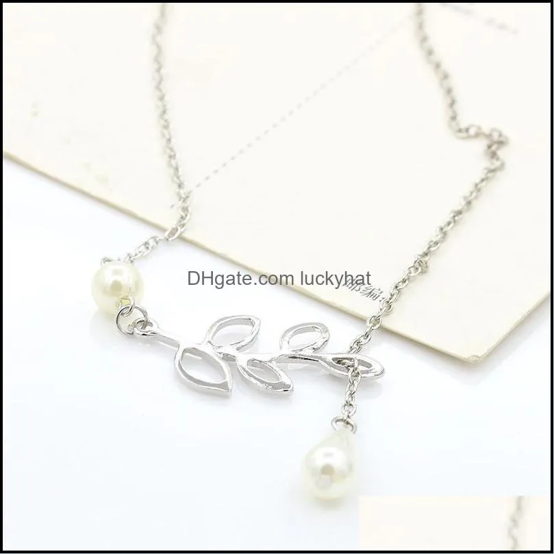 pearl pendant necklace silver leaf imitation pearl drop cross necklace jewelry gift pearl pendant necklace luckyhat