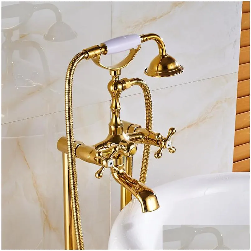 uythner gold floor mounted tub sink faucet dual handle bathroom bath shower set standing bathtub mixer tap with handshower