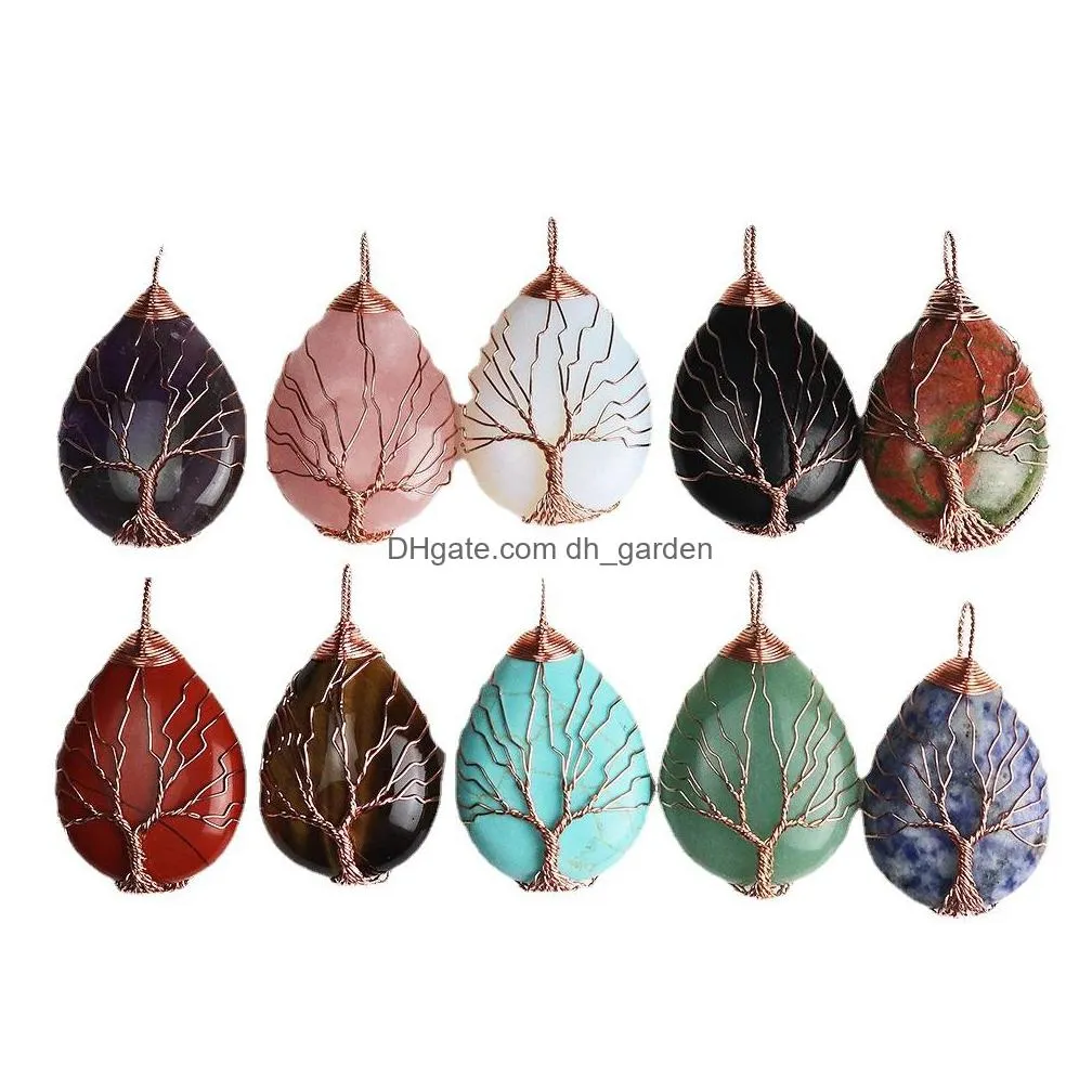 natural stone healing crystal tree of life charms waterdrop pendants rose quartz copper wire wrapped trendy jewelry making necklaces