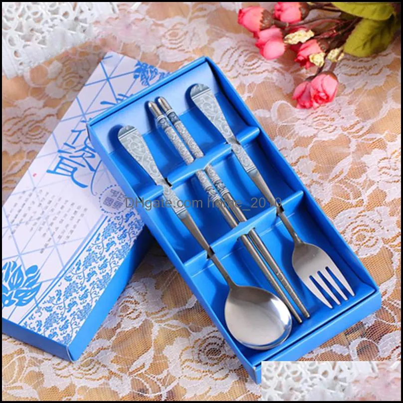 ecofriendly safety stainless steel tableware set chinese words promotional gift threepiece chopsticks spoon fork dinnerware sets