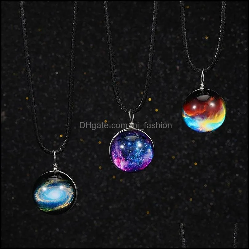 fashion dreamy starry nebula space galaxy universe necklace doublesided glass ball pendant black letter chain necklaces women girls