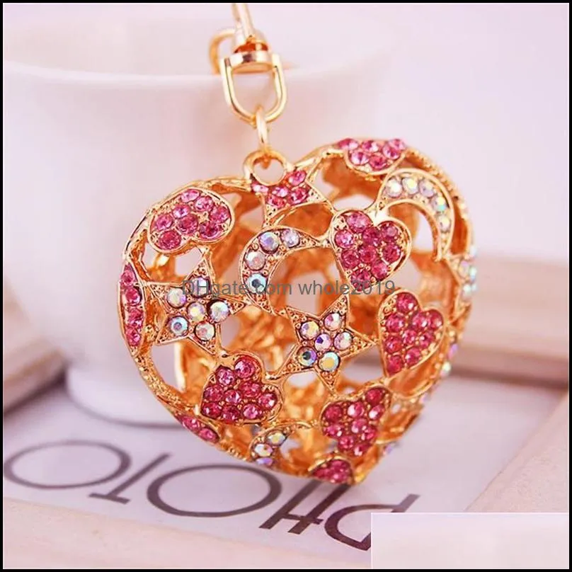  est key rings bag charm hollow style floral rhinestone crystal heart pendant metal car keychain lobster clasp alloy keyring 504 h1