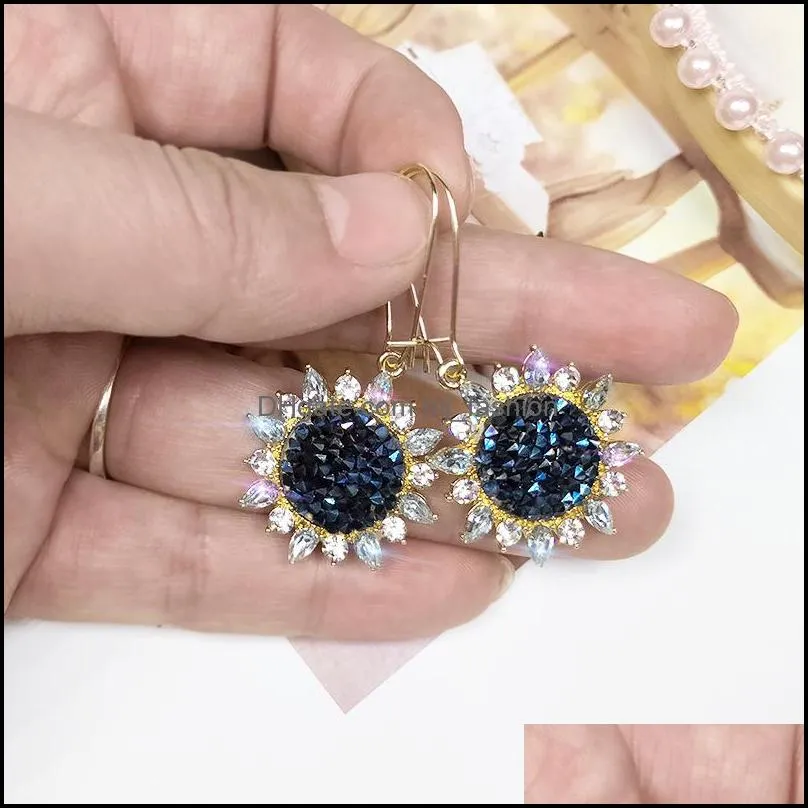 trendy crystal sunflower dangle earrings for women long simple shiny korean earring 2019 alloy round flower drop earrings jewelry