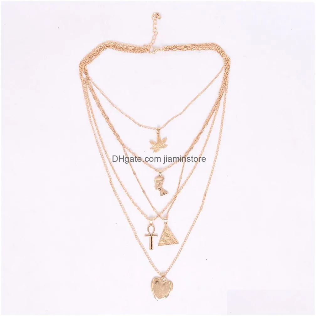 fashion jewelry multilayer necklace metallic leaves egyptian pharaoh yan pyramid heart pendant necklace