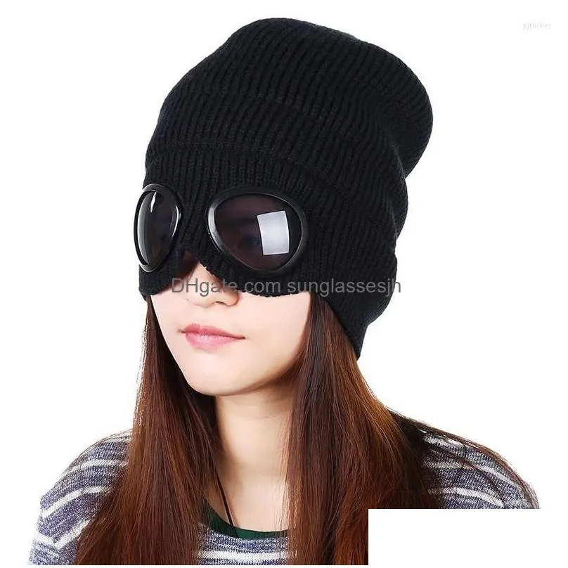 beanies 2022 winter glasses hat cp ribbed knit lens beanie street hip hop knitted thick fleece warm for women men
