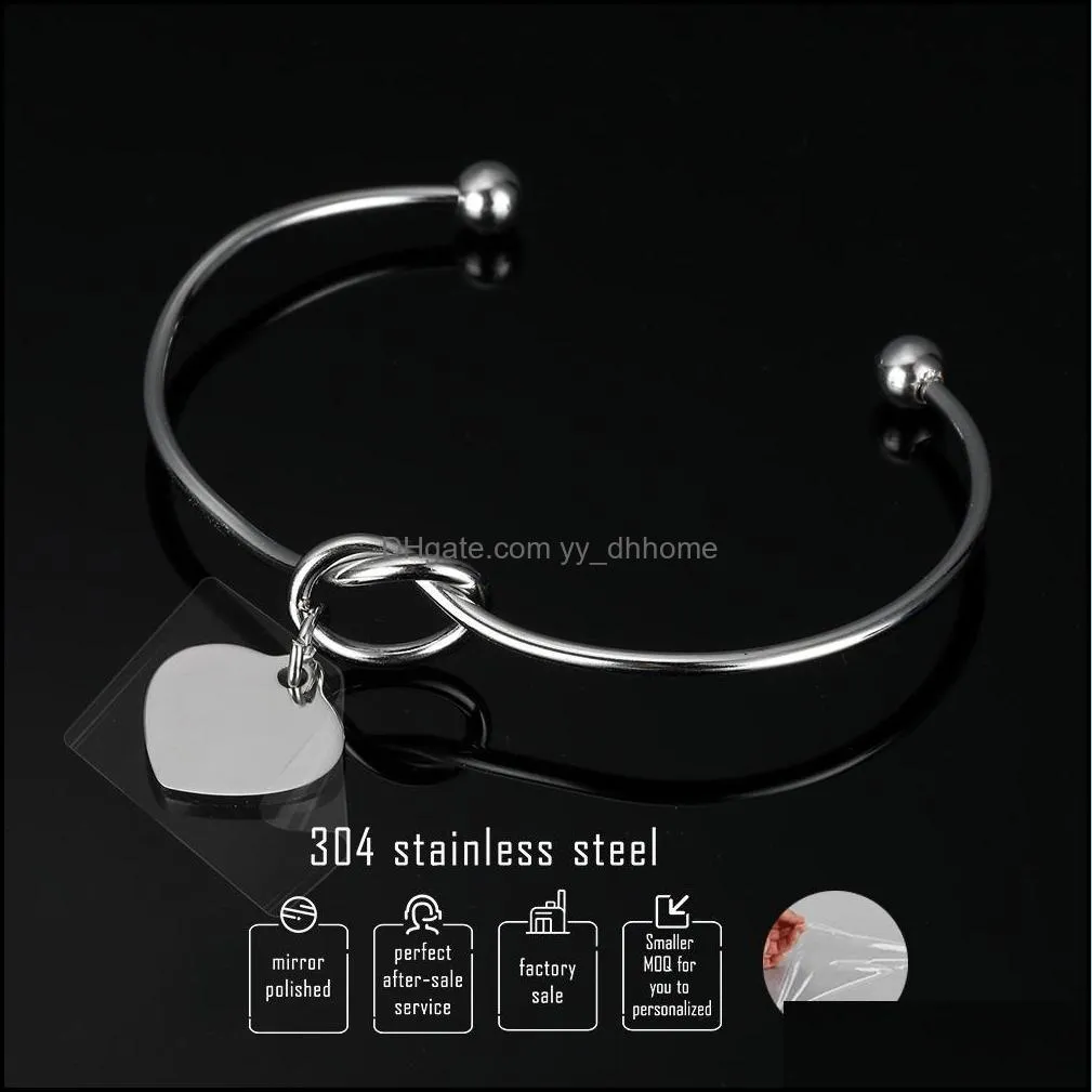  stainless steel knot bracelets bangles high polished heart charm bracelet love bangles can engrave name diy jewelry for women