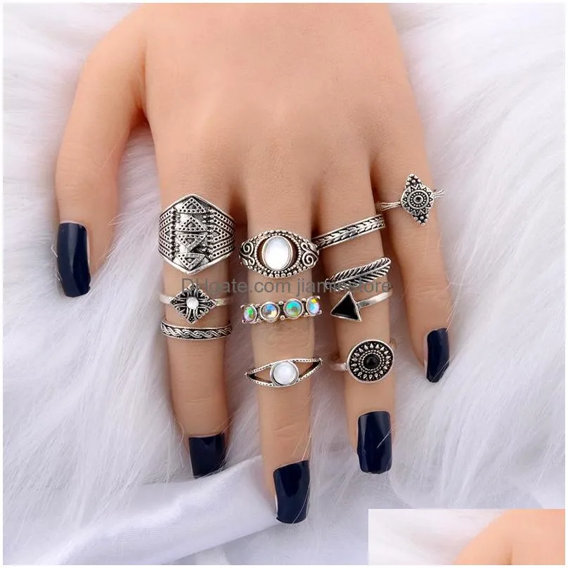 bohemian fashion jewelry ancient silver gold knuckle ring set arrow hollow out stacking rings midi rings set 10pcs/set