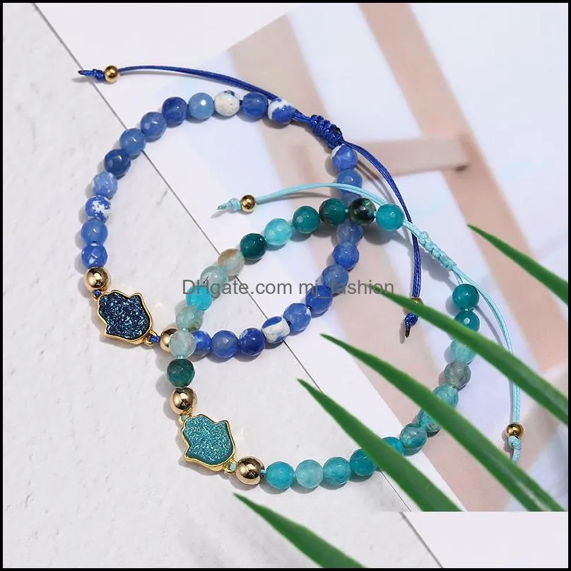 natural stone agate bead bracelet for women fashion resin druzy hamsa hand charm bracelets with card handmade woven rope chain jewelry