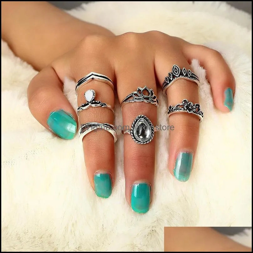 7pcs/set arrival flower gemstone carved ring set antique silver plated vintage bohemian turkish fashion women accessories
