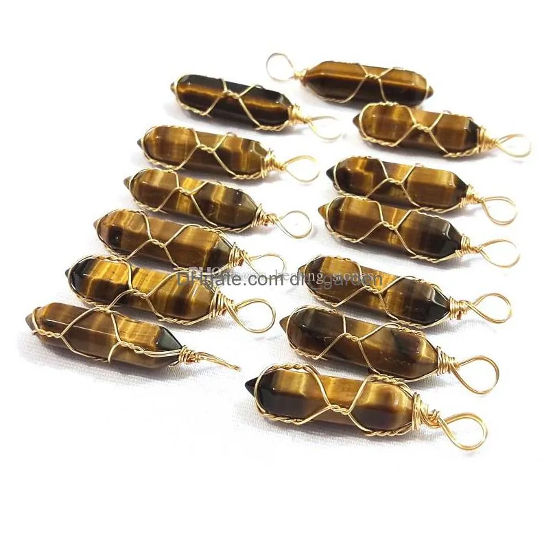 gold wire wrap natural stone charms tiger eye pillar bullet shape point chakra pendants for jewelry making wholesale handmade craft