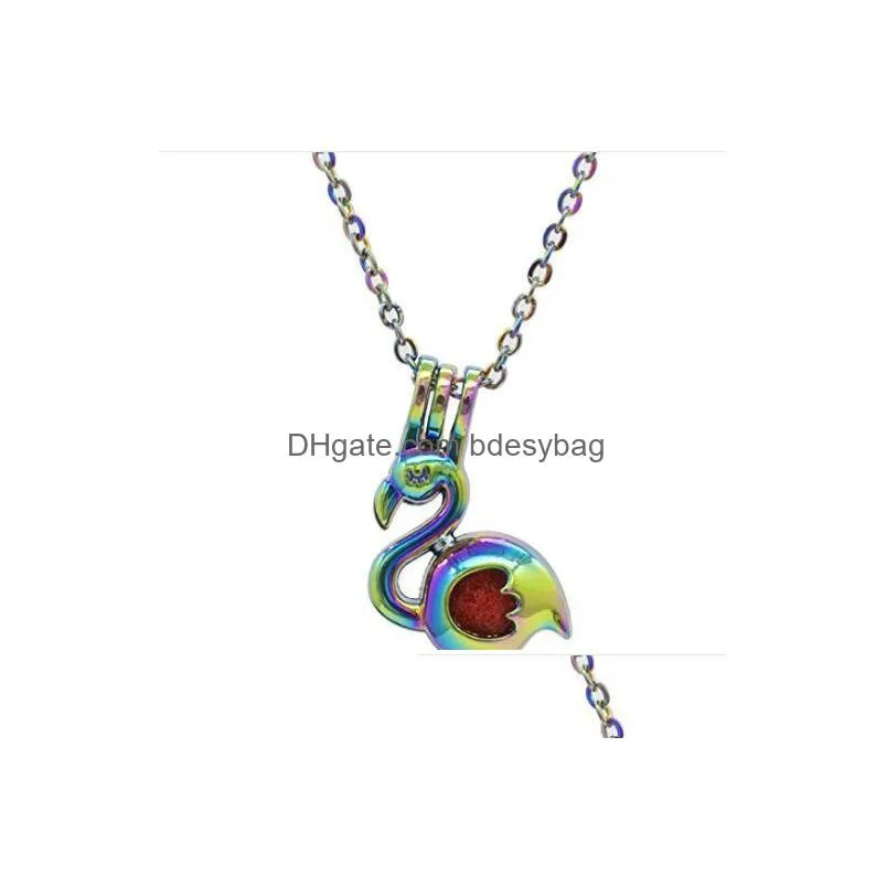 10pcs bird rainbow color cage pendant with 18 inch color chain beads oil pearl locket necklace