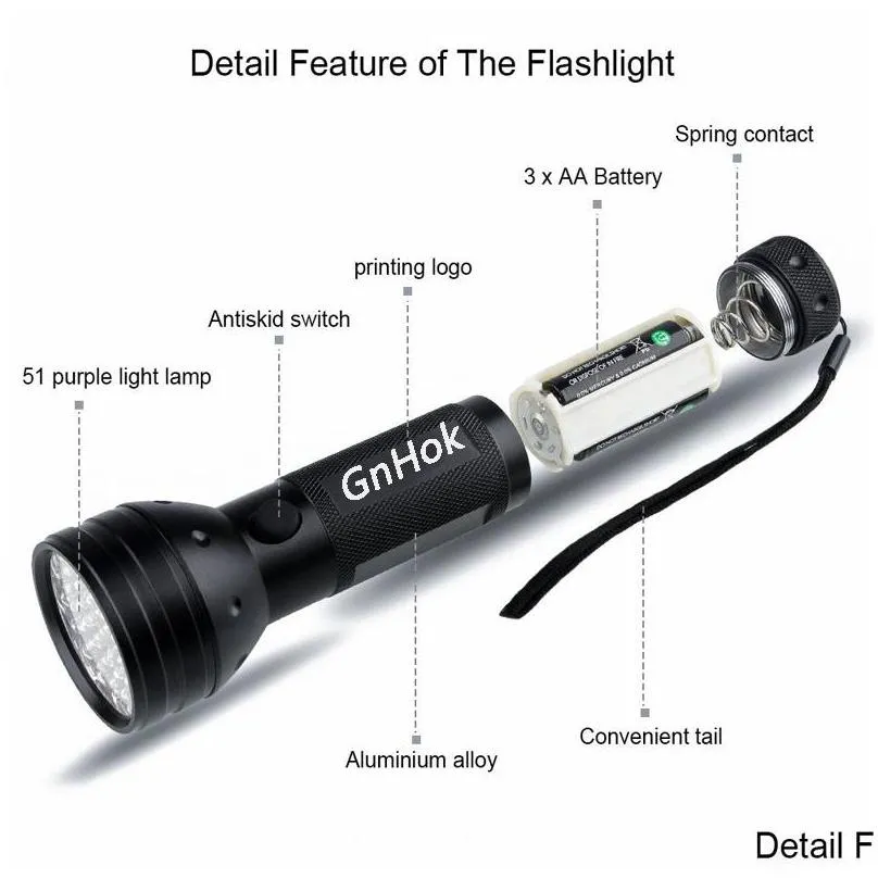uv led flashlight 51 leds 395nm ultra violet torch light lamp blacklight detector for dog urine pet stains and bed bug