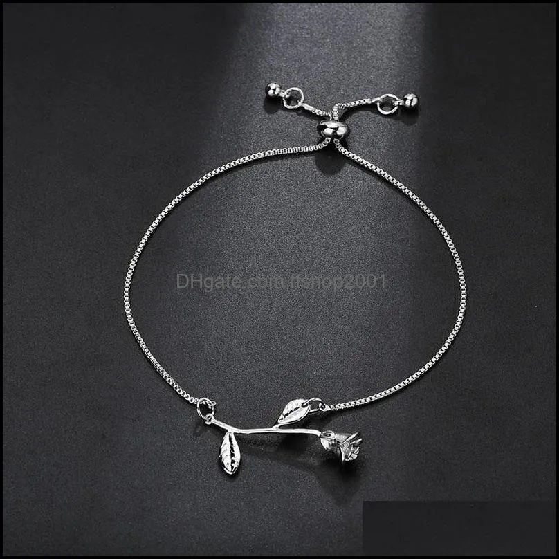  fashion rose flower charm bracelet for women girl bracelet bangle alloy adjustable wedding bridal jewelry gift 3 colors