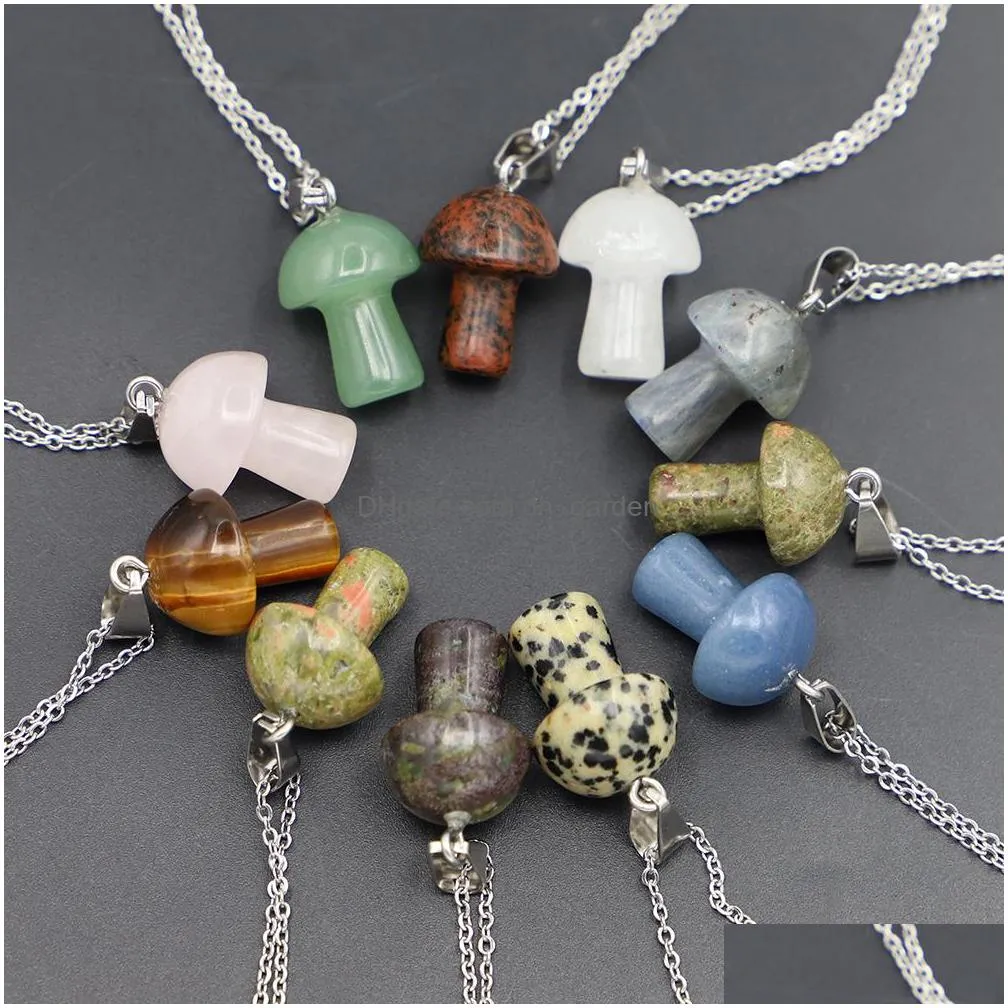 lots colors carving mushroom pendant reiki healing crystal tiger eye rose quartz opal aventurines necklace for women jewelry