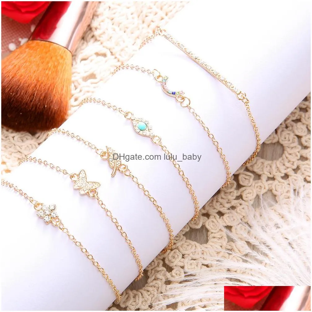 fashion jewelry multilayer bracelet set rhinestone butterfly leaf flower blue eye thin chain bracelets 6pcs/set
