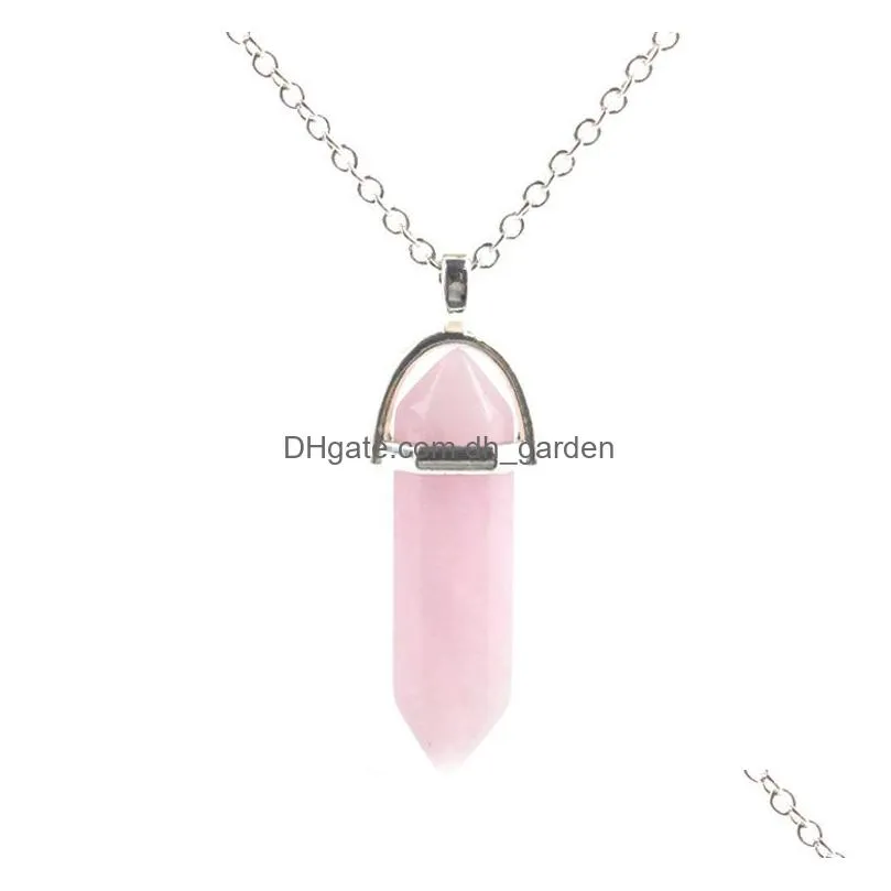 natural stone necklace chakra hexagonal opal amethyst rose quartz crystal reiki healing pendulum stainless steel chain necklaces for women
