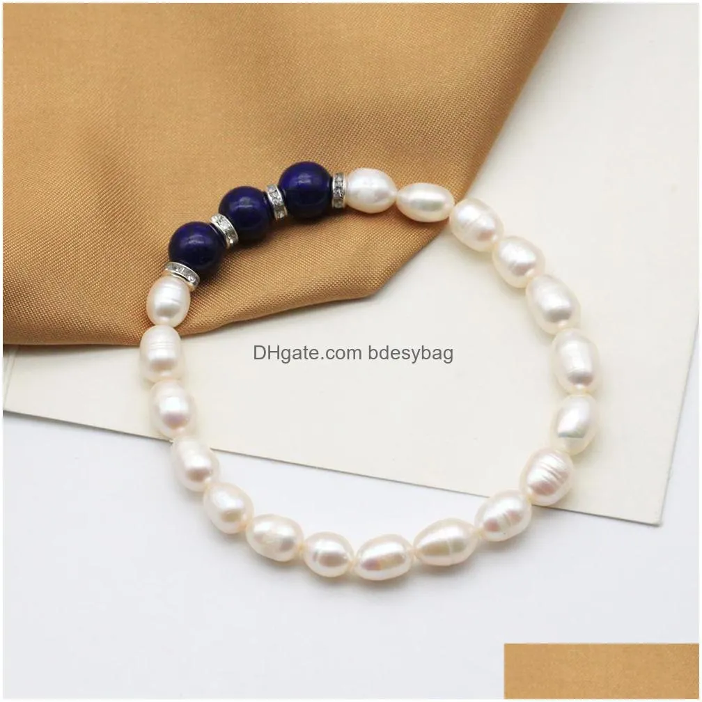 handmade freshwater cultured white rice pearl strand bracelet oval shape with three round gemstones stretched bangle for women jewelry love wish