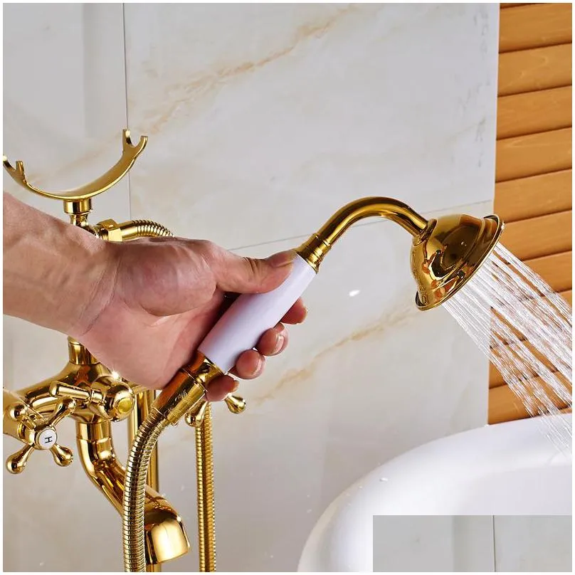 uythner gold floor mounted tub sink faucet dual handle bathroom bath shower set standing bathtub mixer tap with handshower