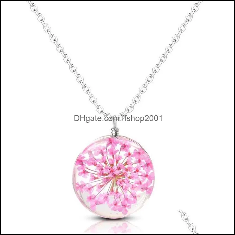 2021 dried flower necklace for women gifts fashion clear glass ball charms round pendant necklaces link chain cute jewelry