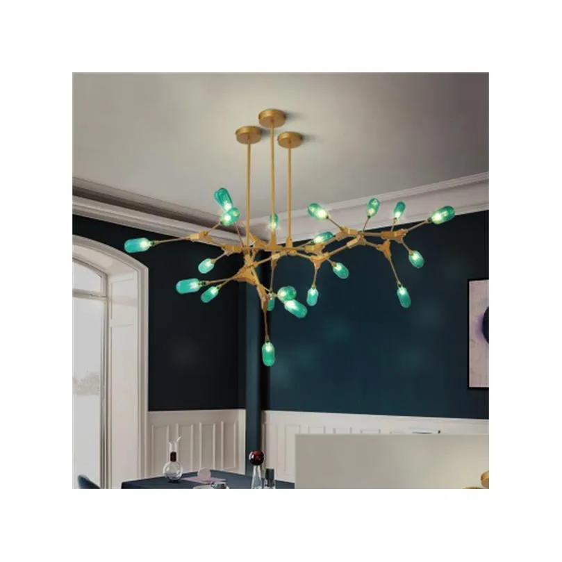 nordic living room dining room green glass molecule led chandelier lights modern branch iron art simple green glass pendant lamps