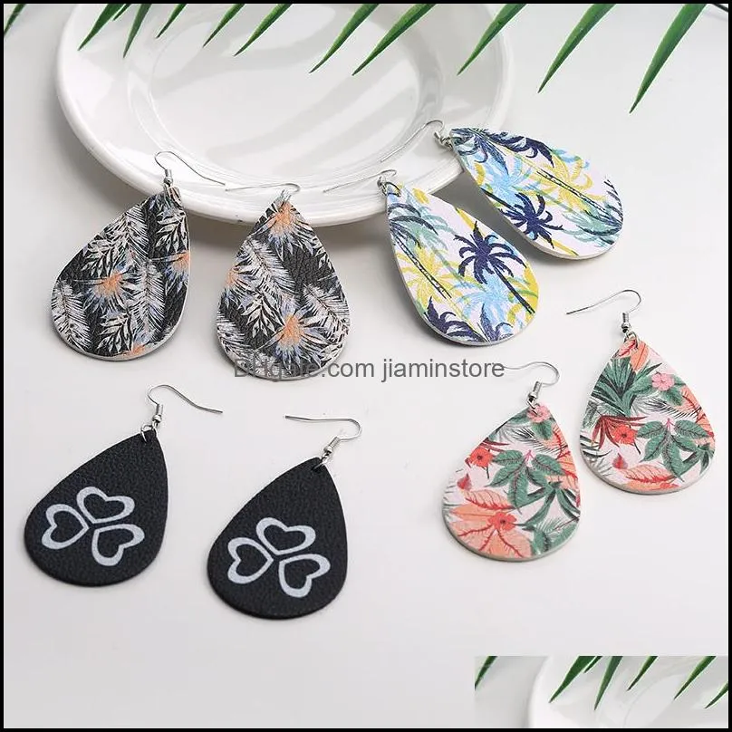 print flower leather teardrop earrings for women dog claw print leaf dangle earrings lightweight statement fashion jewelry gift