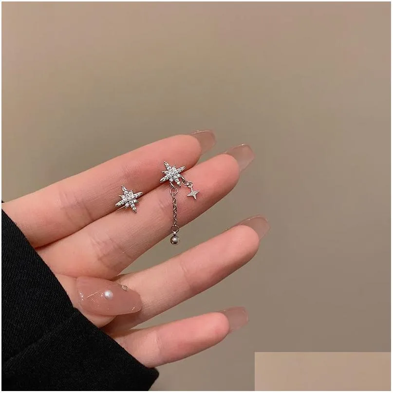 fashion jewelry s925 silver post earrings asymmetrical inlaid diamond star tassel stud earrings