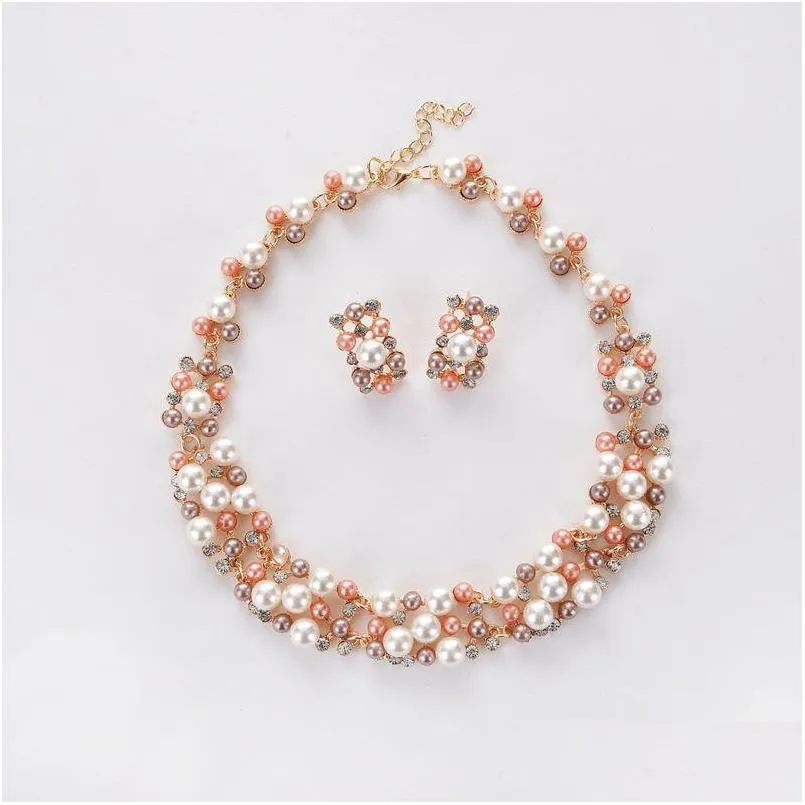 europe party wedding jewelry set womens faux pearls rhinestone beaded necklace with earrings