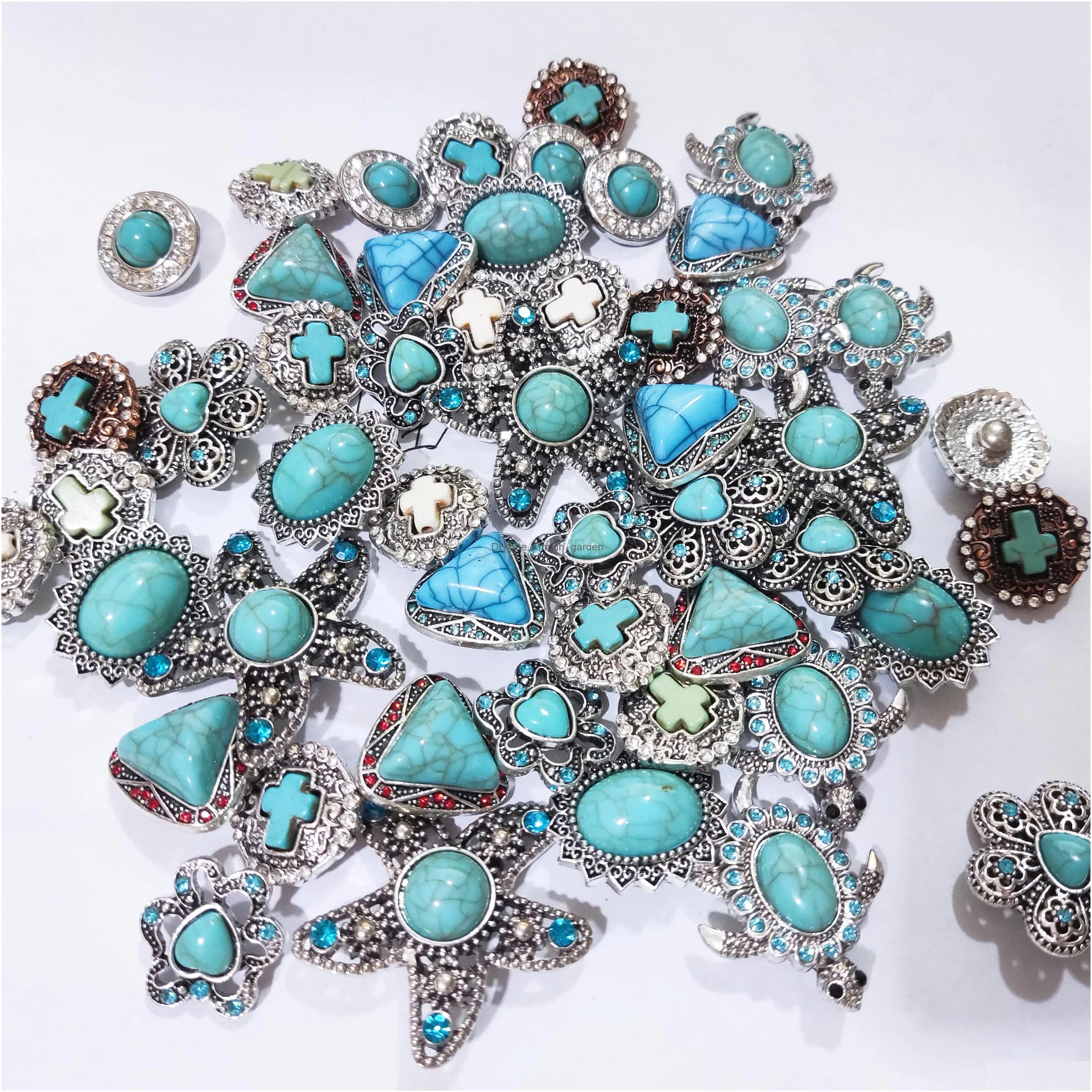 silver color turquoise paved alloy components 18mm snap button charms beads jewelry making diy necklace earrings bracelet supplier