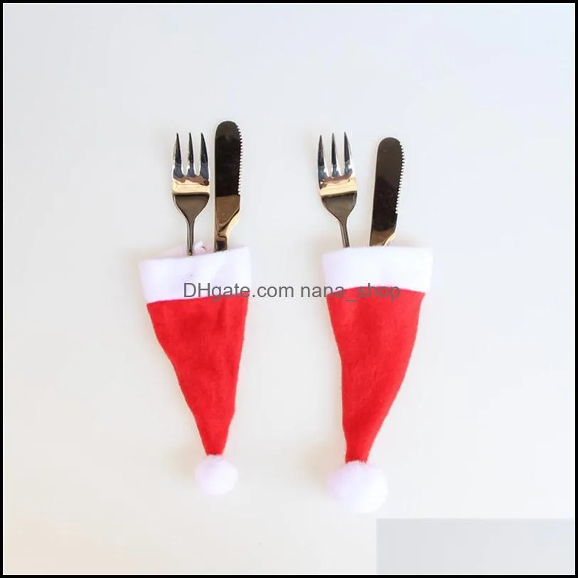 christmas decorative tableware knife fork set christmas hat 10pcs/lot christmas caps cutlery fork spoon holder packaging