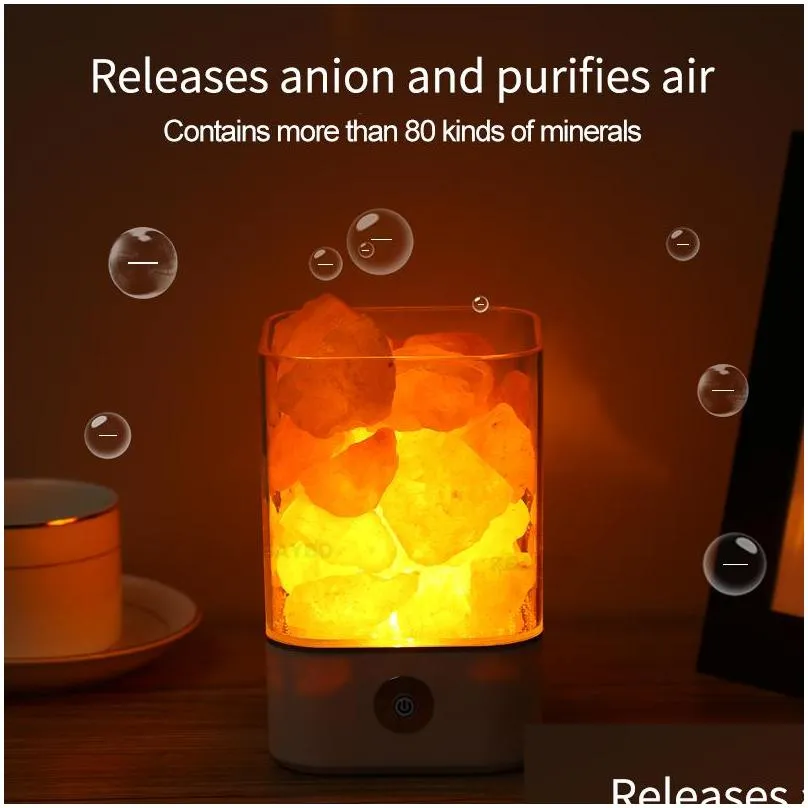 usb crystal light natural himalayan salt lamp led lights air purifier mood creator indoor warm light table lamp bedroom lava night