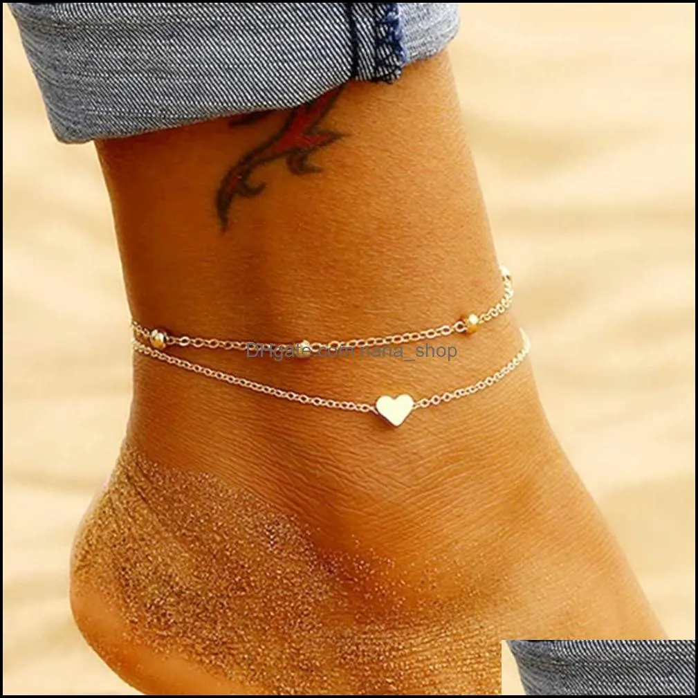 heart charm bead ankle chain bracelet summer beach dainty stainless steel layered beaded bracelets anklet