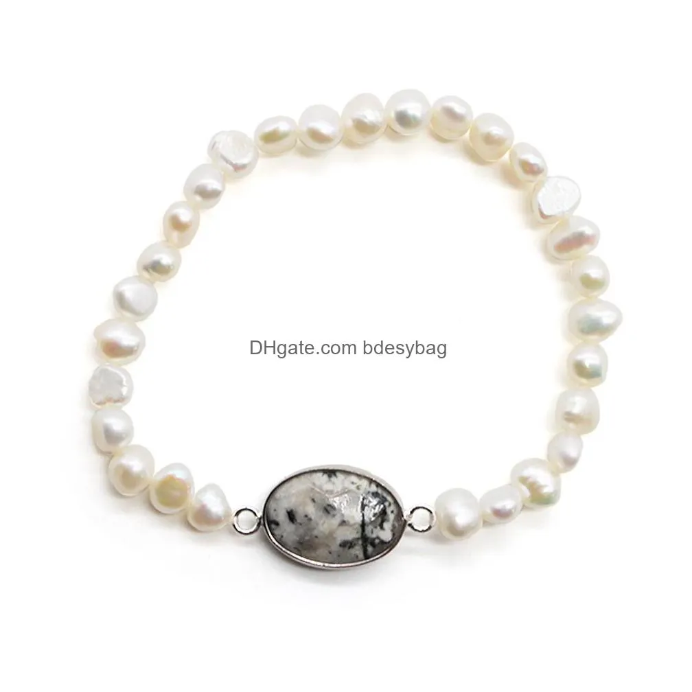 freshwater pearl bracelet strand stretched bangle with oval stone charm love wish for women jewelry
