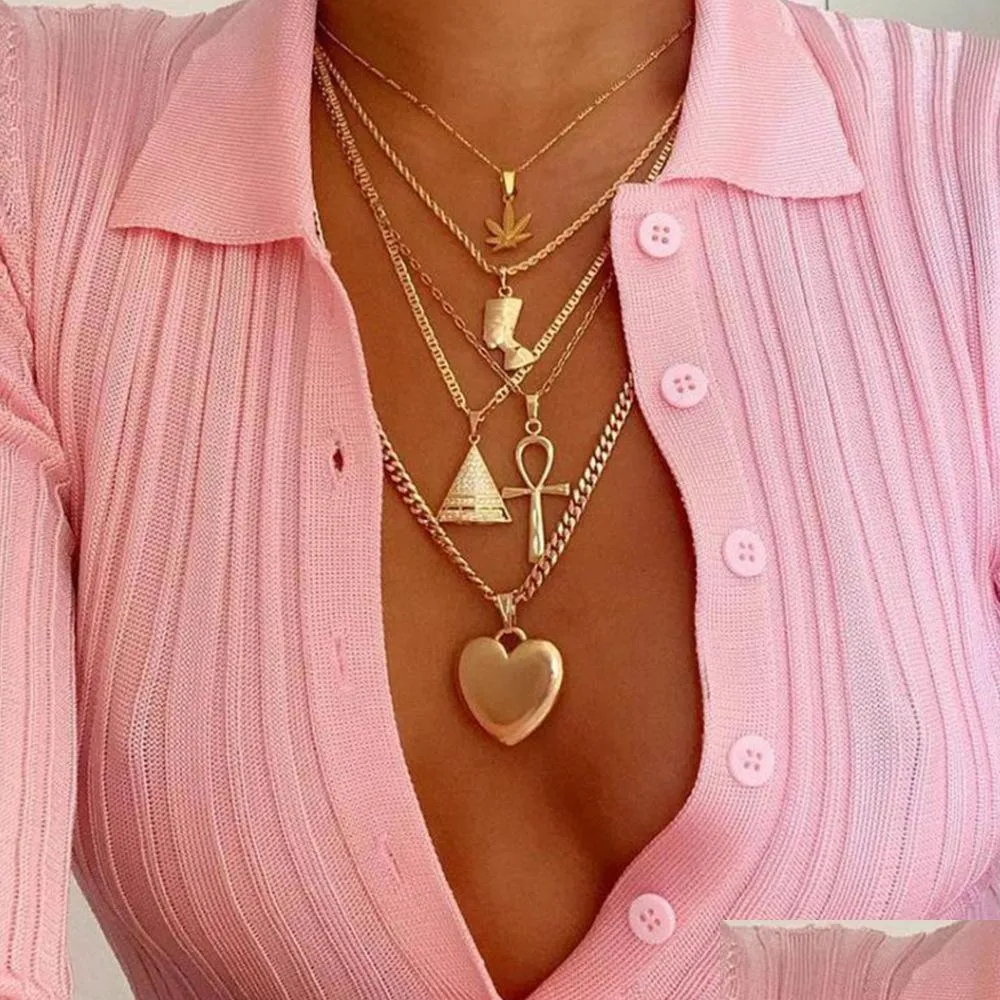 fashion jewelry multilayer necklace metallic leaves egyptian pharaoh yan pyramid heart pendant necklace