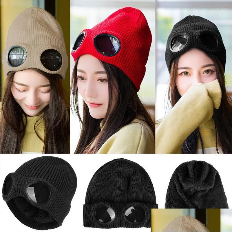 beanies winter glasses hat cp ribbed knit lens beanie street hip hop knitted thick fleece warm for women men