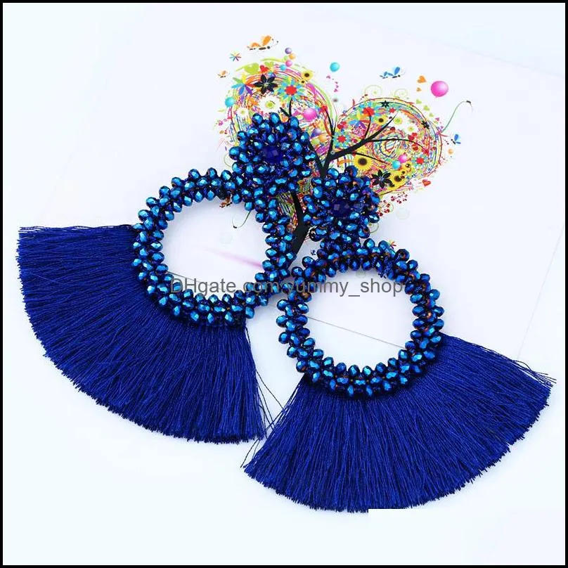 handmade tassel earrings circle fan shaped crystal beads dangle earrings for women big circle ear for women girls bohemian jewelry