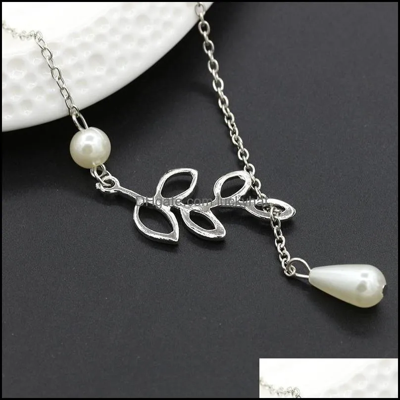 pearl pendant necklace silver leaf imitation pearl drop cross necklace jewelry gift pearl pendant necklace luckyhat