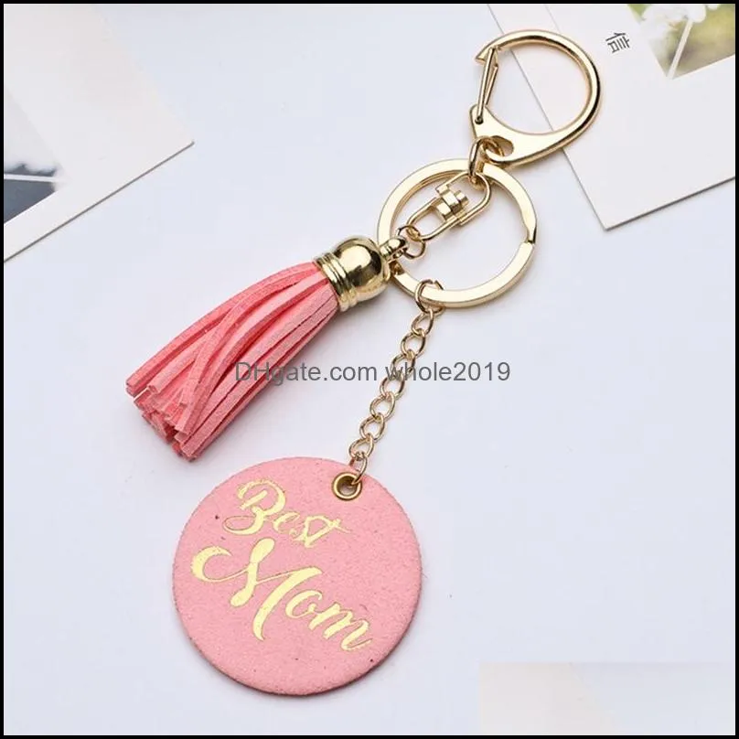 disc tassel keychain bronzing letter pendant leather key chain bag pendant mother day party gift supplies 5 colors 1254 b3